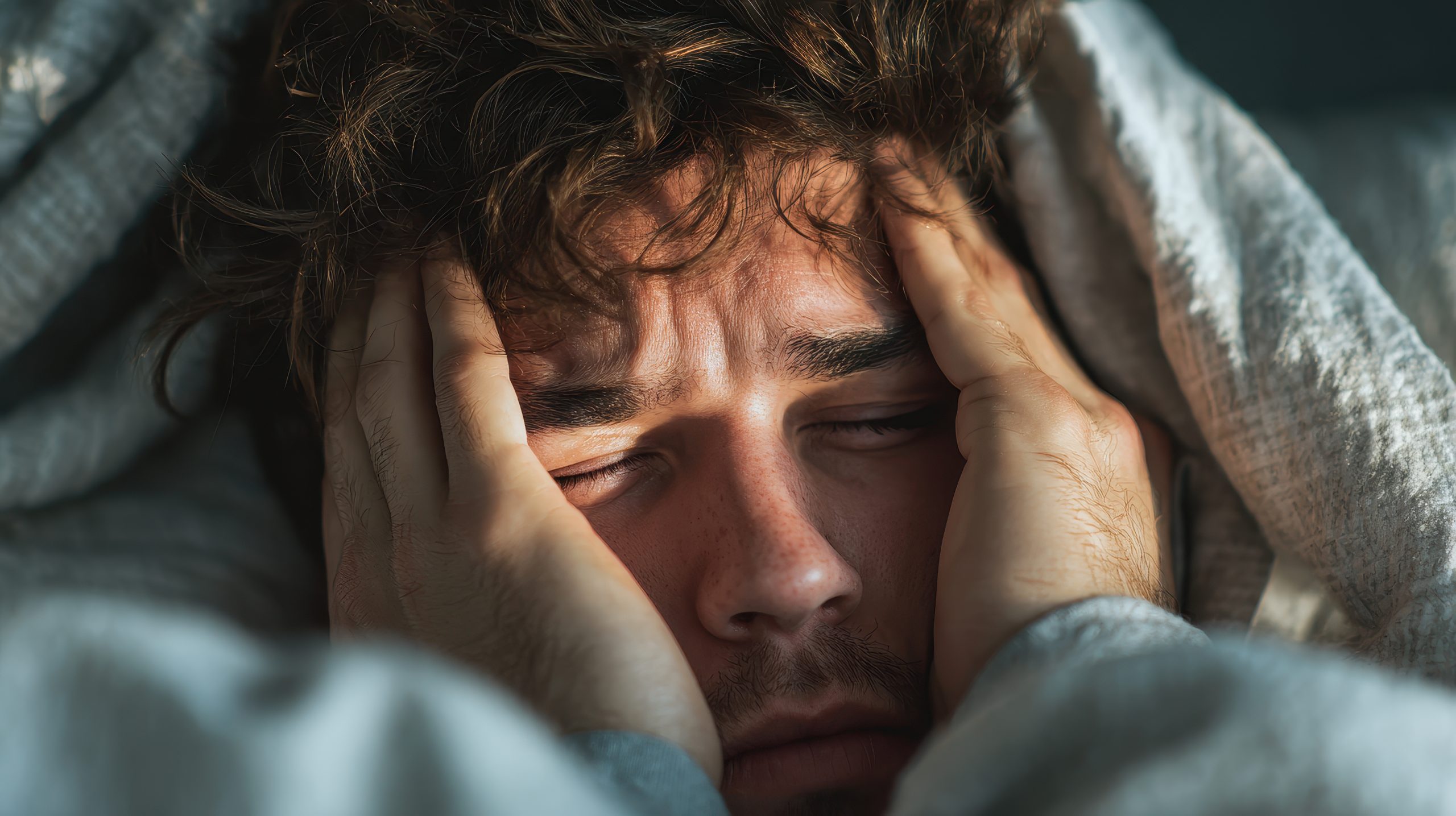 Exhausted youth in bed shutting eyes before rising Morning after a hangover Sleep issues and disturbances