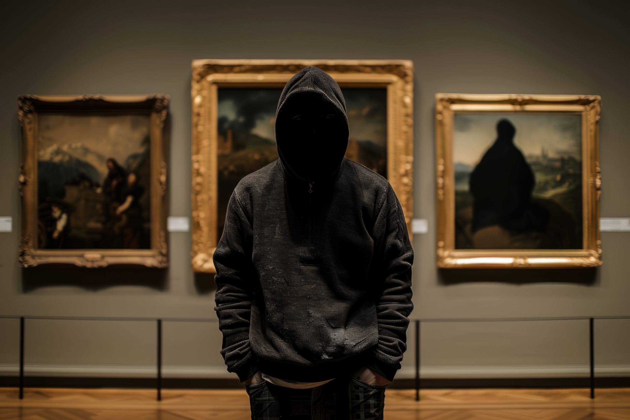 Art theft: Masked thief stands in front of museum's priceless painting.