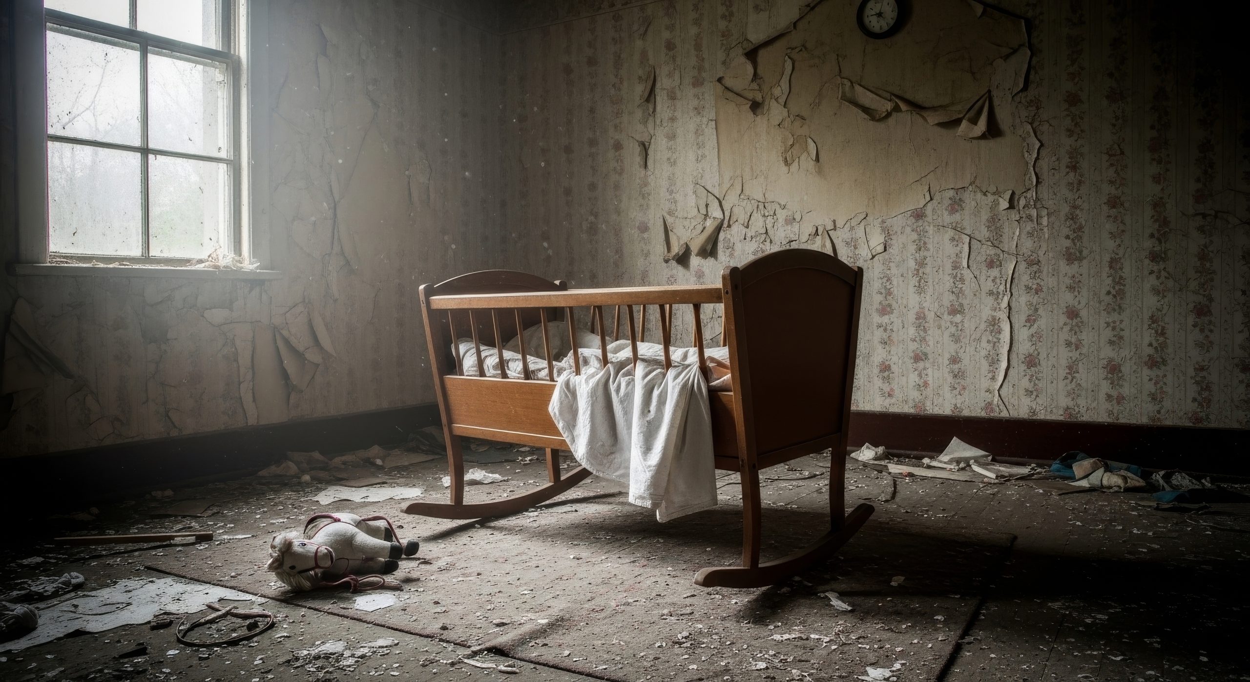 Abandoned Wooden Cradle Rocking in Dilapidated Room