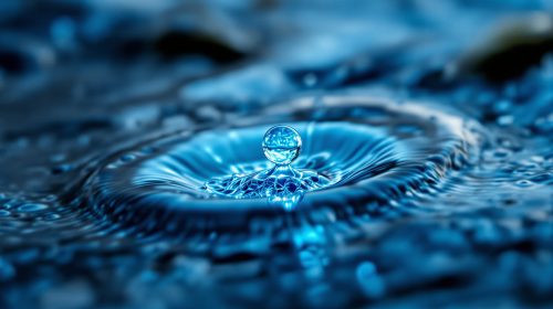 Macrophotographie d'une goutte d'eau luminescente et sphérique au-dessus d'un courant de rivière turbulent, barrage flou en arrière-plan.