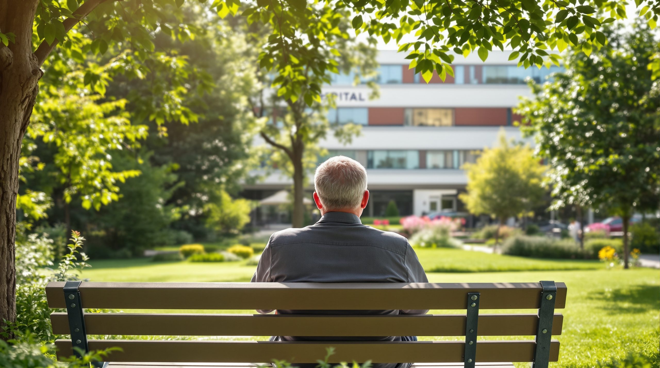 Réflexion sereine dans un jardin hospitalier